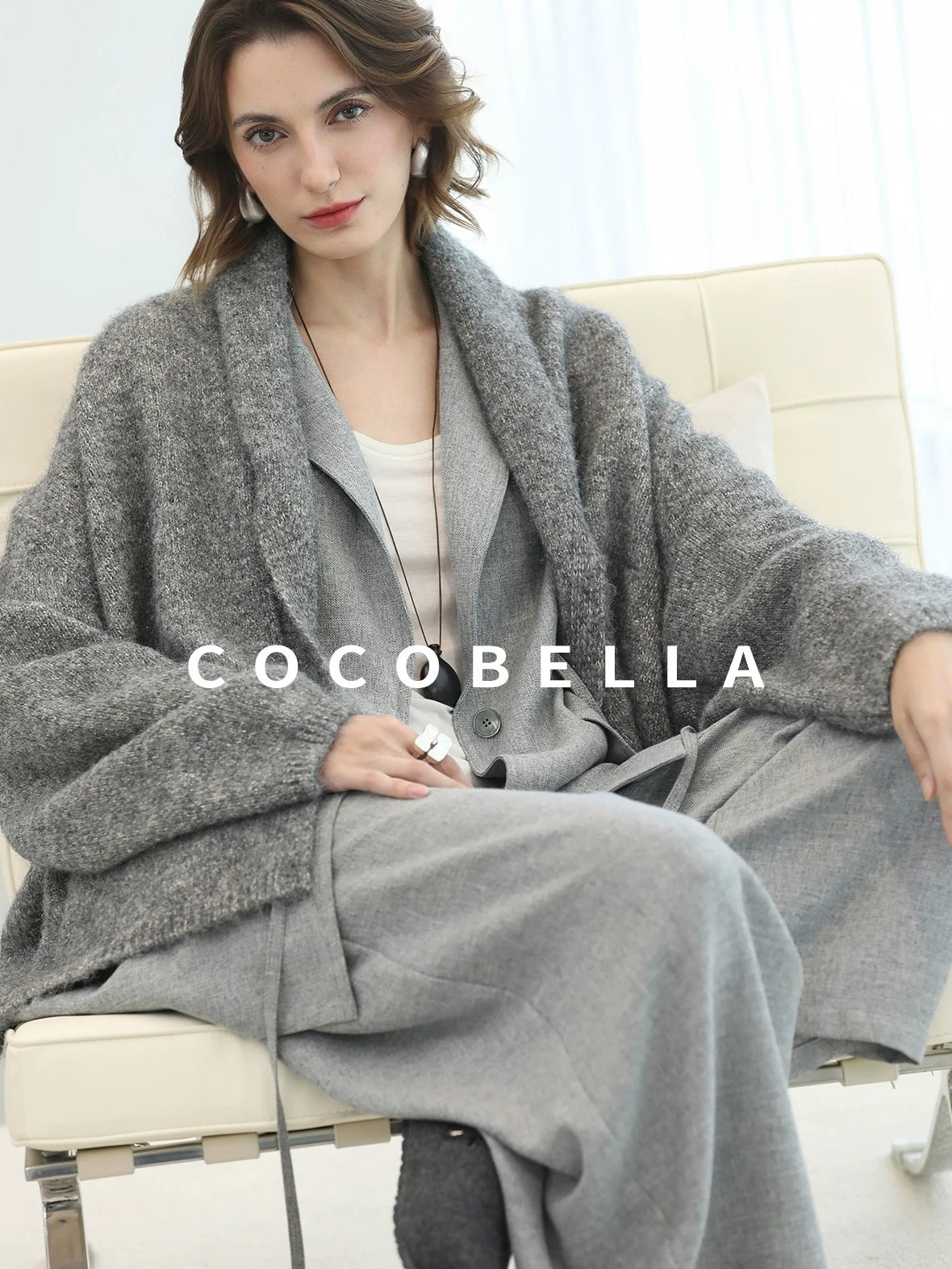 COCOBELLA Tailored Single Button Straight Midlength Notch Lapel Women Pockets Grey Blazers