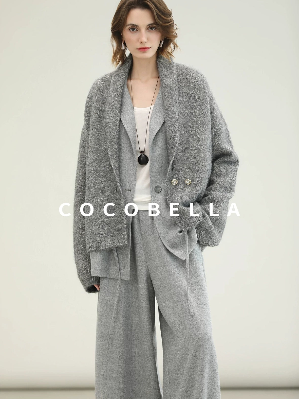 COCOBELLA Tailored Single Button Straight Midlength Notch Lapel Women Pockets Grey Blazers