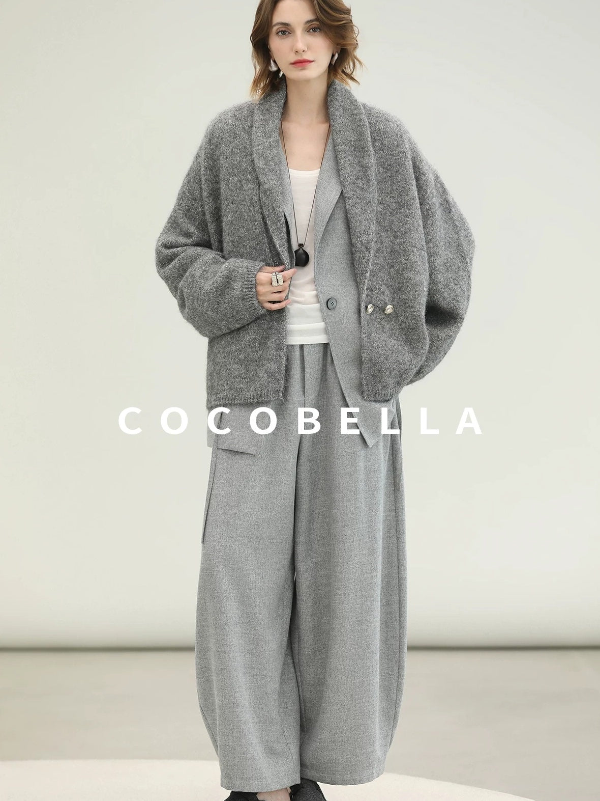 COCOBELLA Tailored Single Button Straight Midlength Notch Lapel Women Pockets Grey Blazers