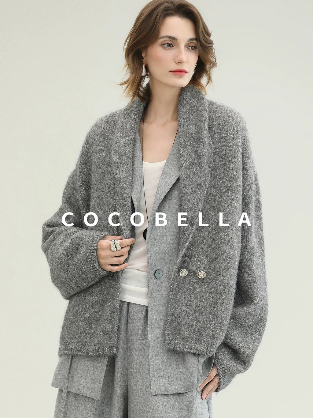 COCOBELLA Tailored Single Button Straight Midlength Notch Lapel Women Pockets Grey Blazers