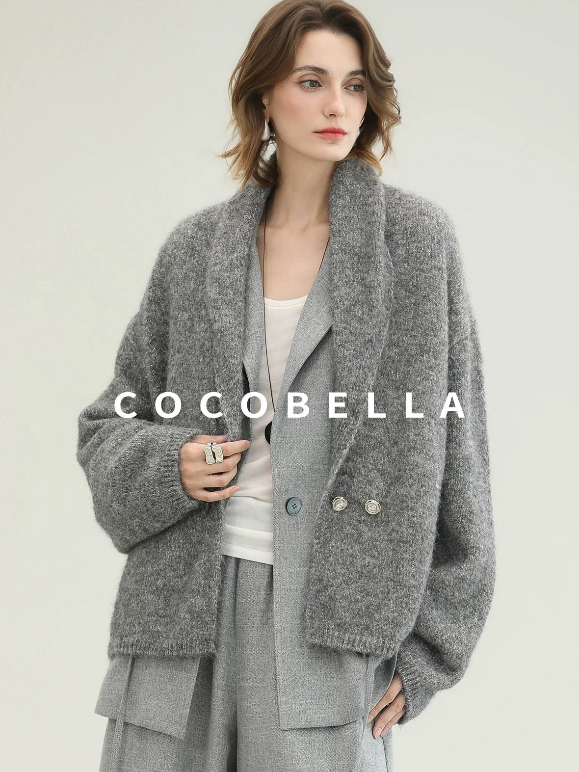 COCOBELLA Tailored Single Button Straight Midlength Notch Lapel Women Pockets Grey Blazers