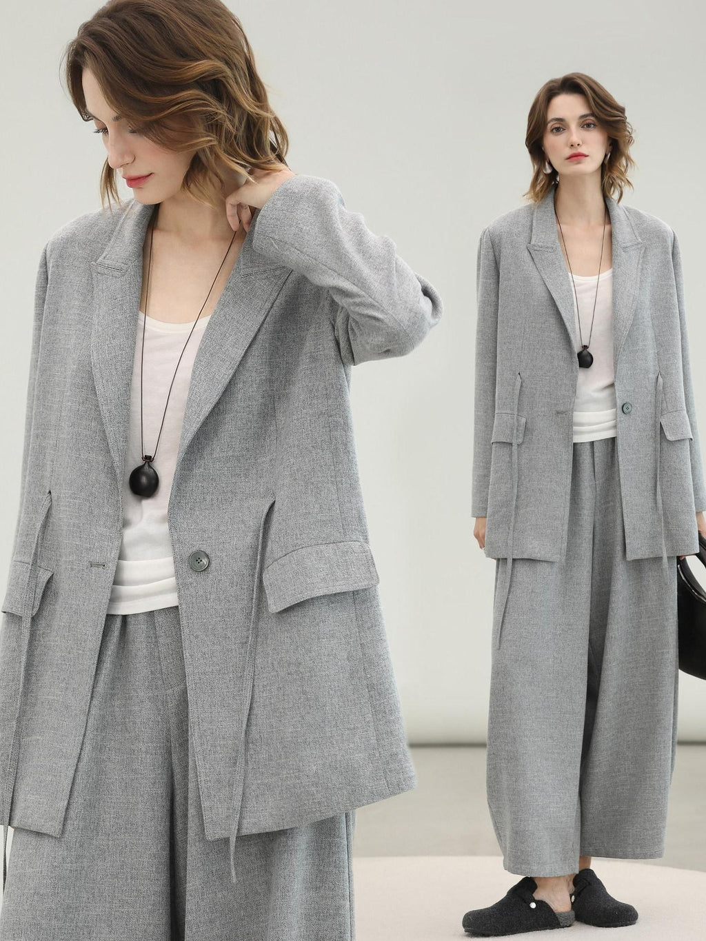 COCOBELLA Tailored Single Button Straight Midlength Notch Lapel Women Pockets Grey Blazers