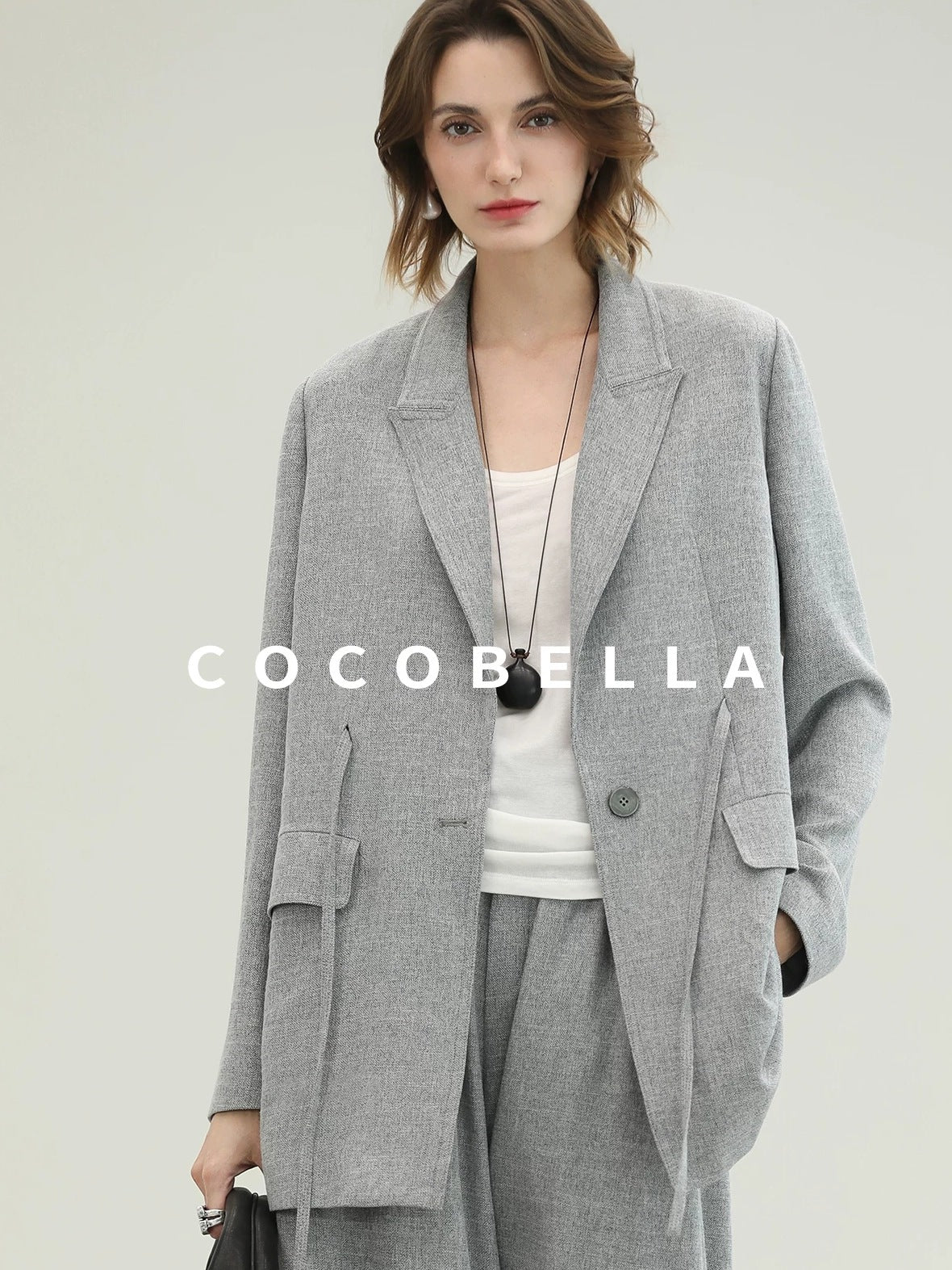 COCOBELLA Tailored Single Button Straight Midlength Notch Lapel Women Pockets Grey Blazers