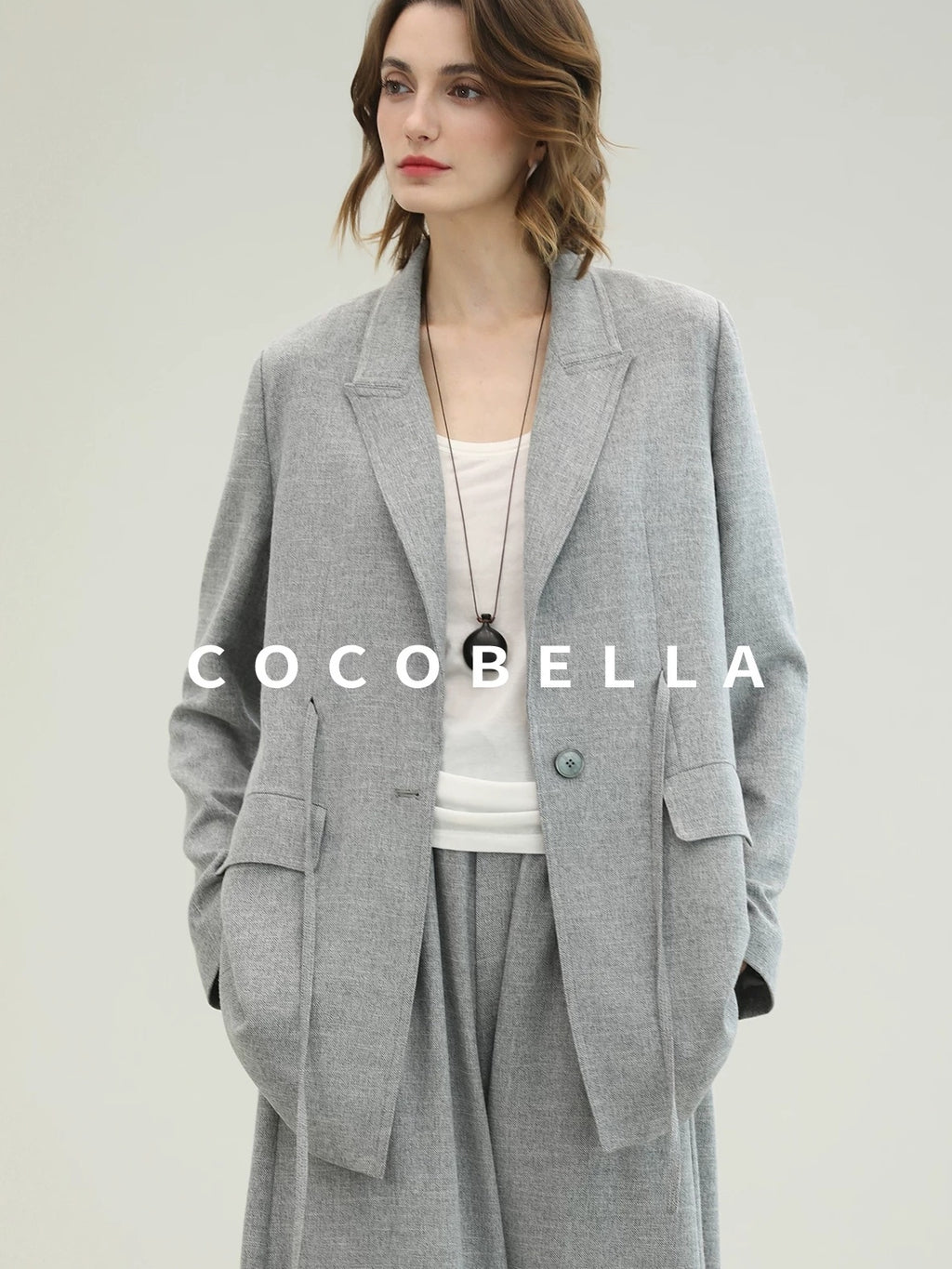 COCOBELLA Tailored Single Button Straight Midlength Notch Lapel Women Pockets Grey Blazers
