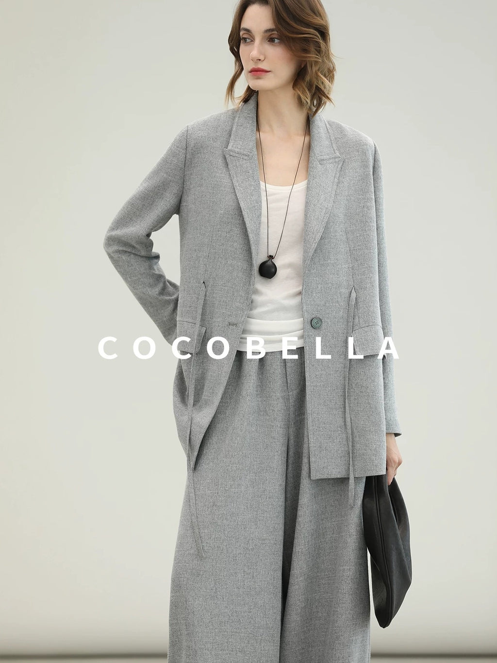 COCOBELLA Tailored Single Button Straight Midlength Notch Lapel Women Pockets Grey Blazers