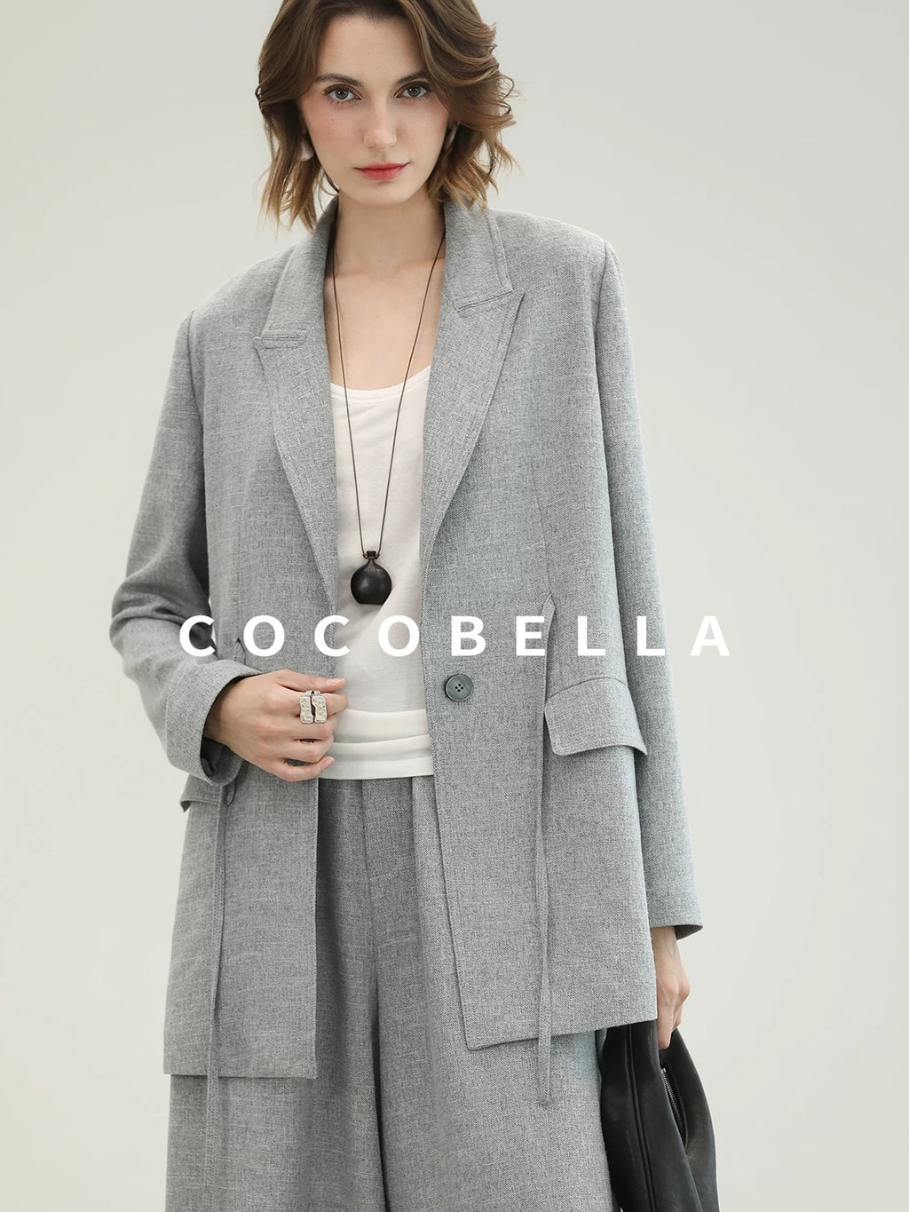 COCOBELLA Tailored Single Button Straight Midlength Notch Lapel Women Pockets Grey Blazers