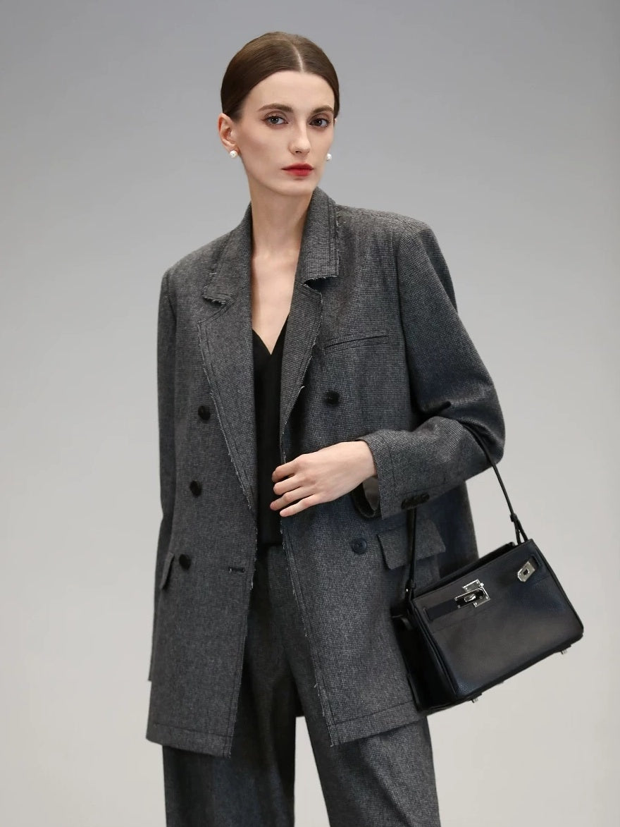 COCOBELLA Tailored Wool Blend Double Breasted Houndstooth Straight Fit Office Blazers