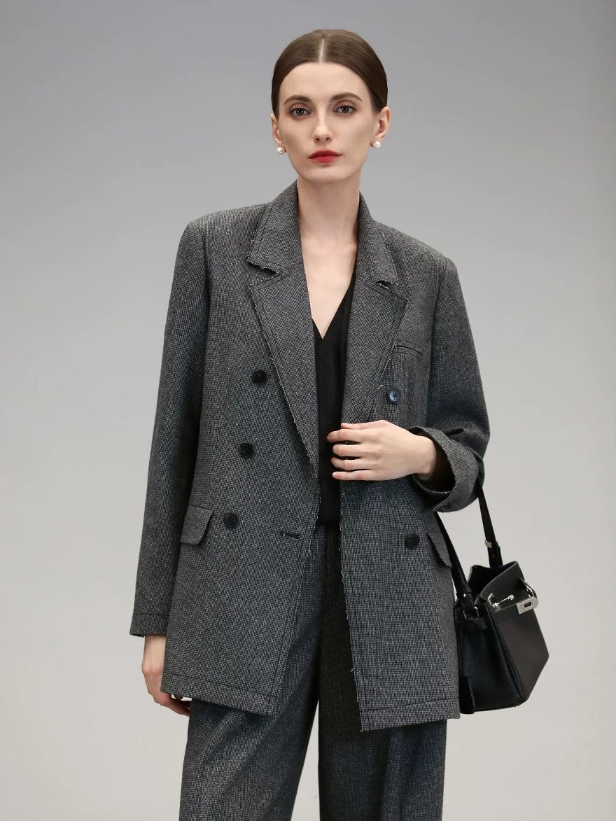 COCOBELLA Tailored Wool Blend Double Breasted Houndstooth Straight Fit Office Blazers