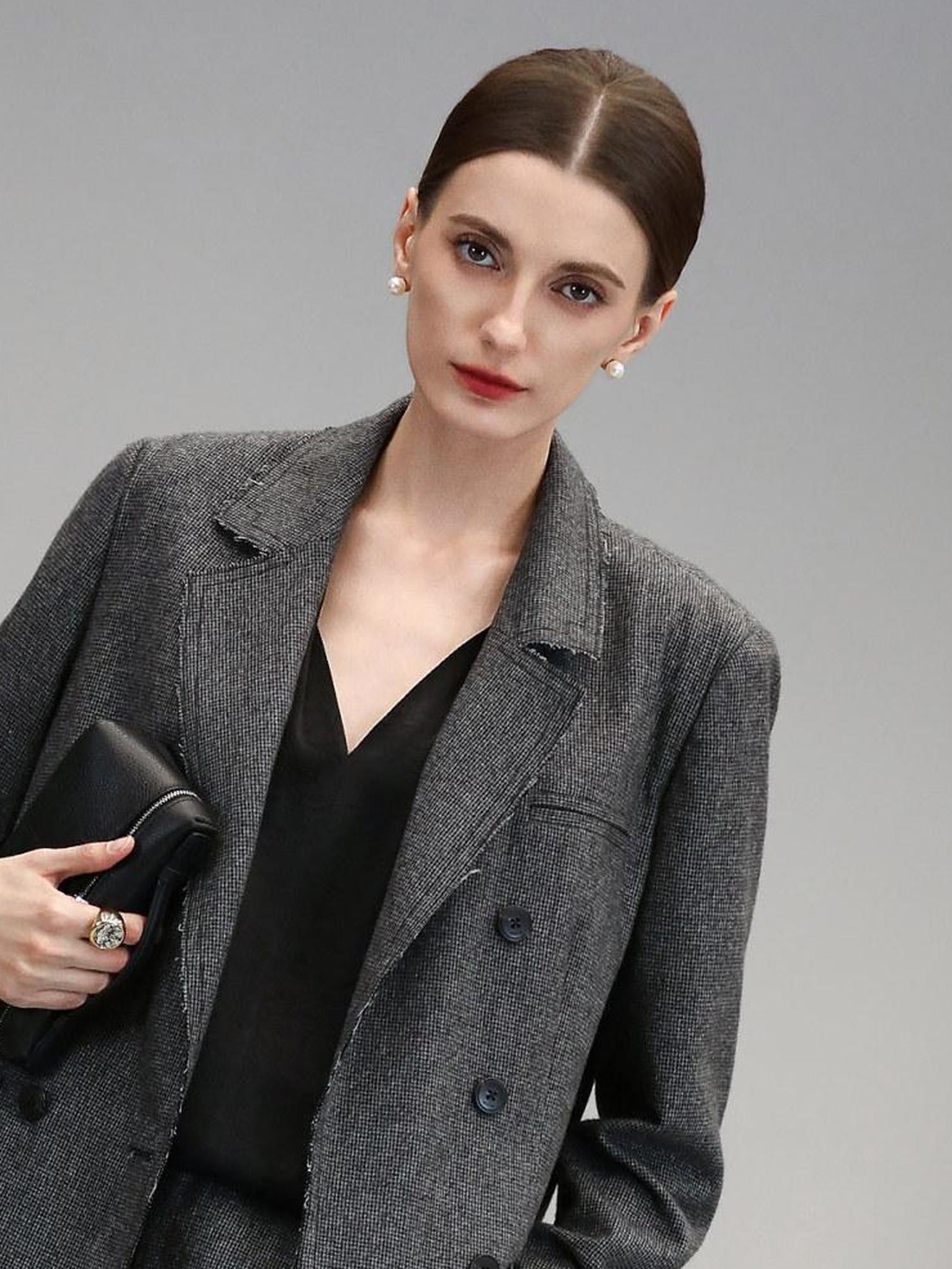 COCOBELLA Tailored Wool Blend Double Breasted Houndstooth Straight Fit Office Blazers