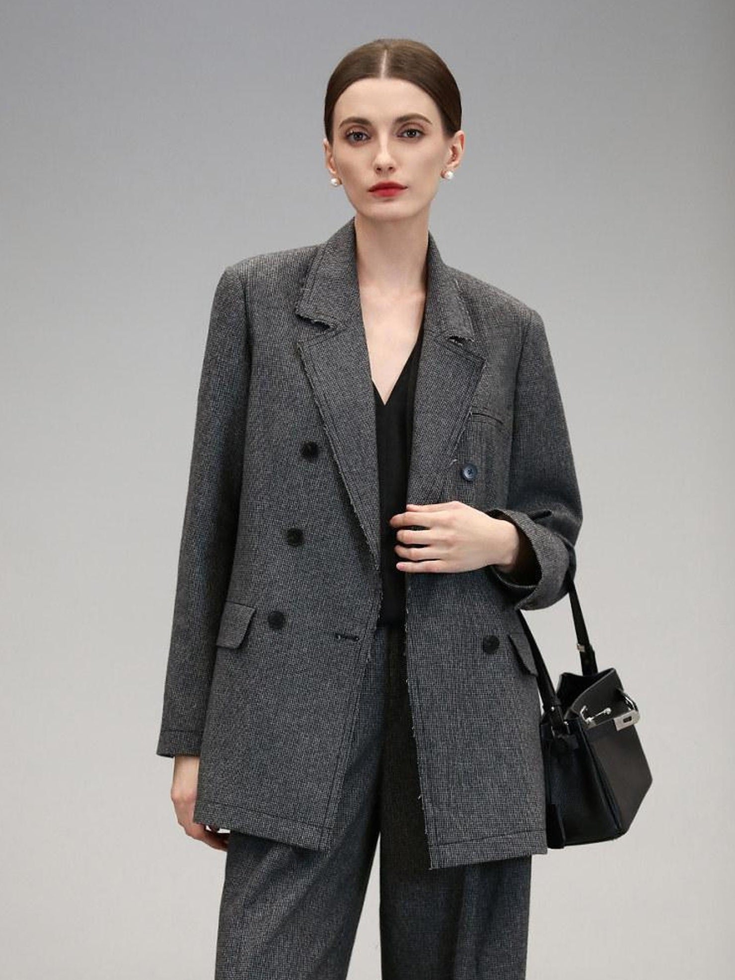 COCOBELLA Tailored Wool Blend Double Breasted Houndstooth Straight Fit Office Blazers