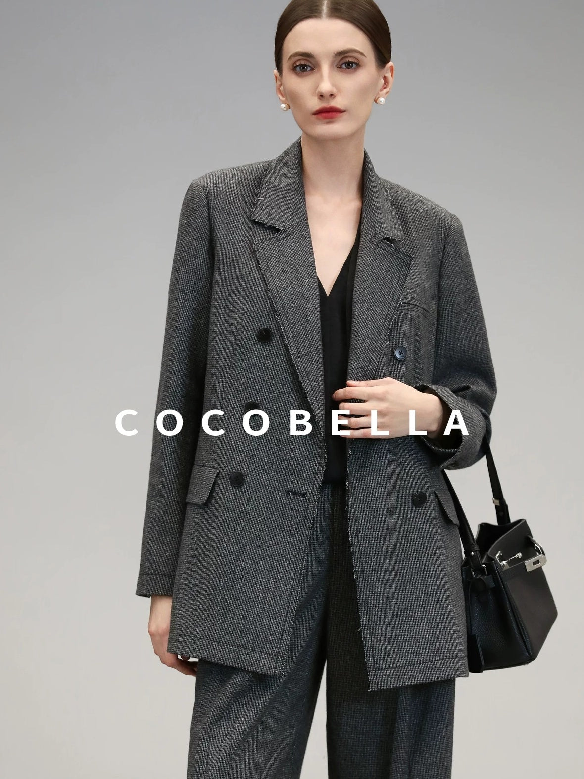 COCOBELLA Tailored Wool Blend Double Breasted Houndstooth Straight Fit Office Blazers