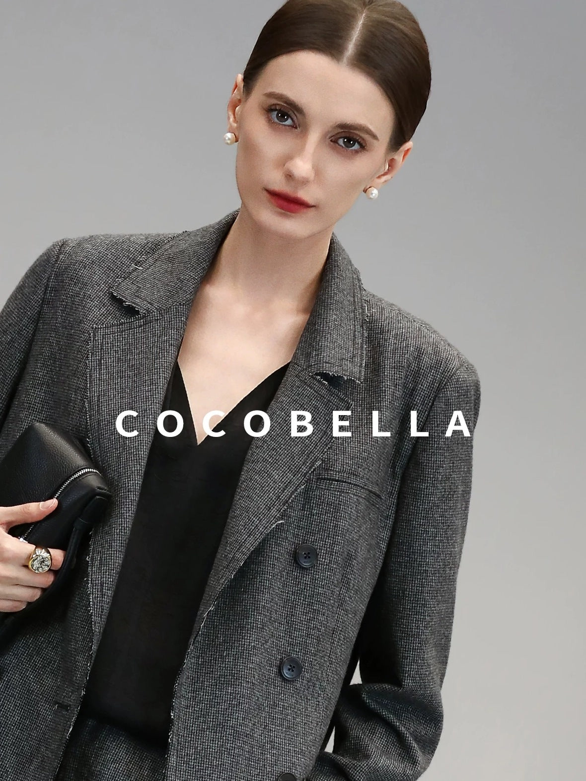 COCOBELLA Tailored Wool Blend Double Breasted Houndstooth Straight Fit Office Blazers