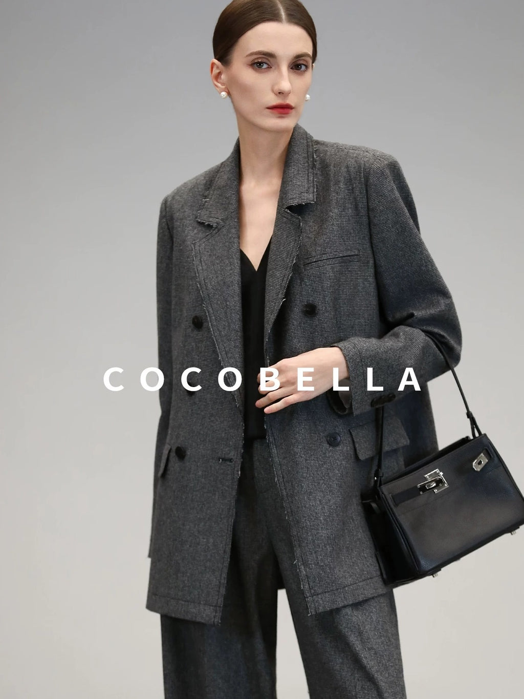COCOBELLA Tailored Wool Blend Double Breasted Houndstooth Straight Fit Office Blazers