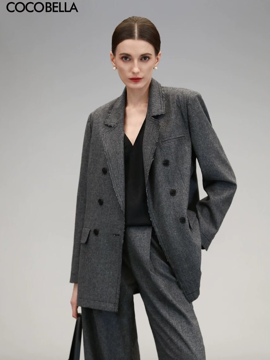 COCOBELLA Tailored Wool Blend Double Breasted Houndstooth Straight Fit Office Blazers
