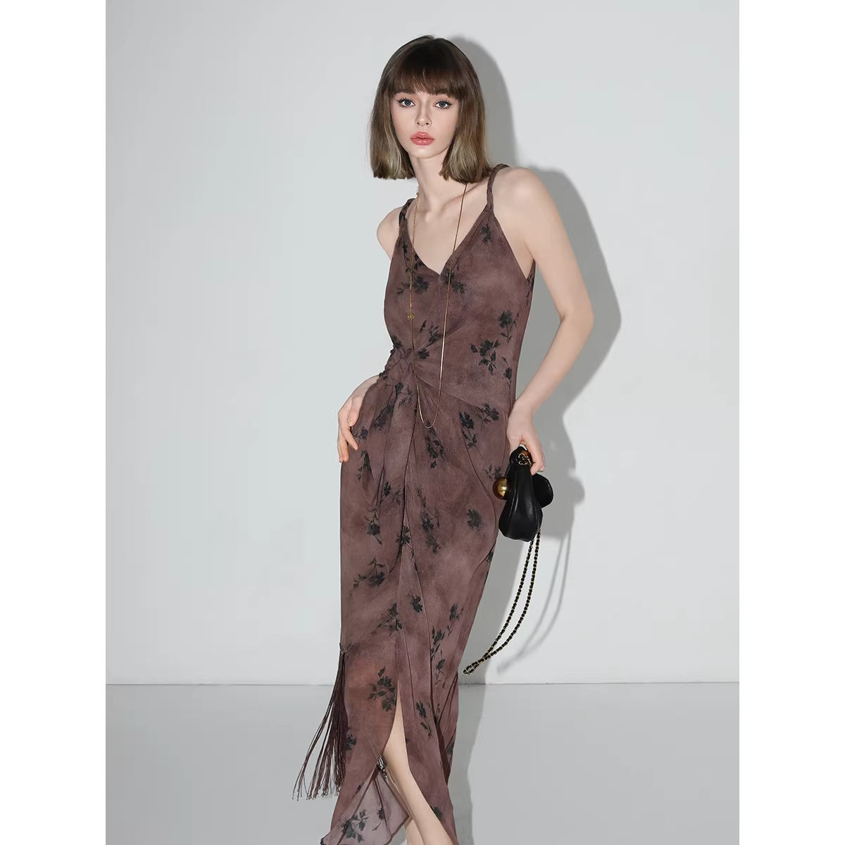 COCOBELLA_Tassel_Tie_Waist_Chinese_Style_V_Neck_Slim_Fit_Polyester_Printed_Slip_Dresses_MISSTT
