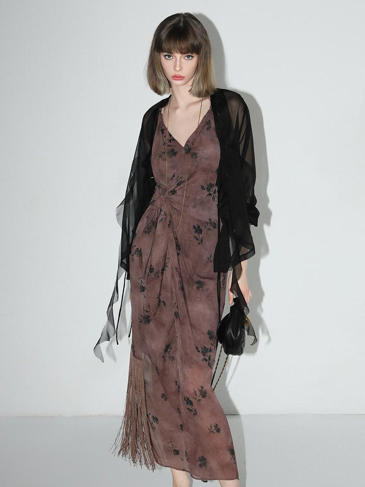 COCOBELLA Tassel Tie Waist Chinese Style V Neck Slim Fit Polyester Printed Slip Dresses