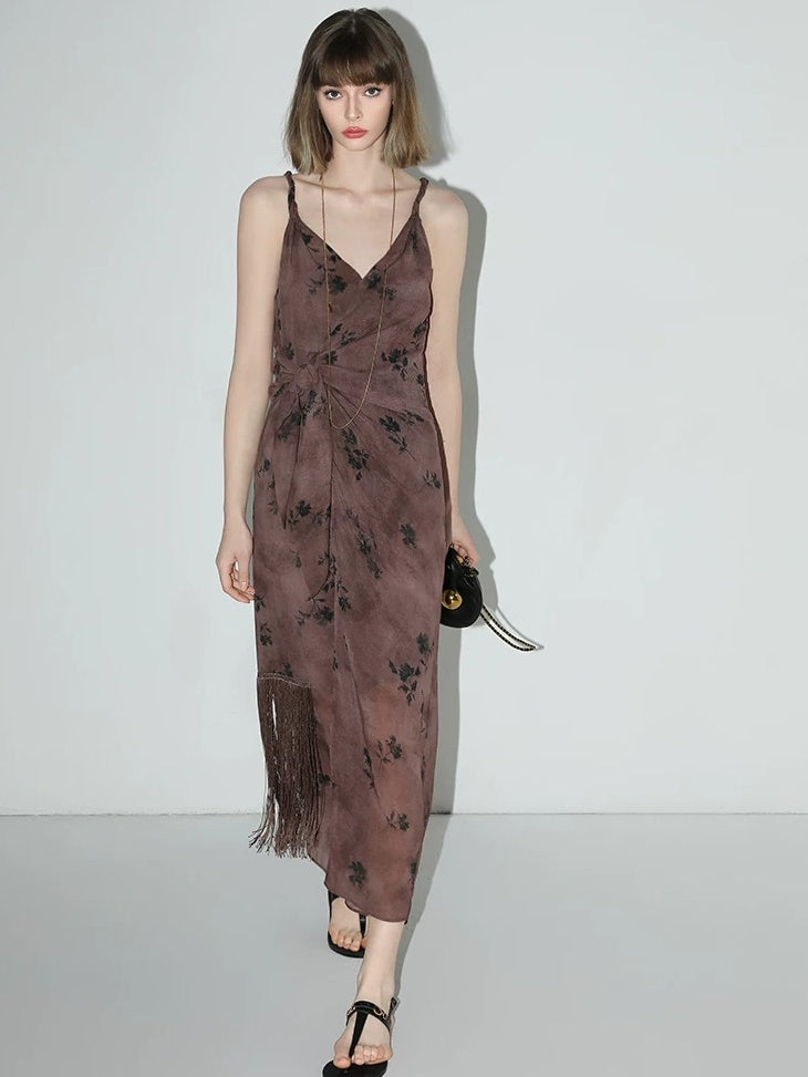 COCOBELLA Tassel Tie Waist Chinese Style V Neck Slim Fit Polyester Printed Slip Dresses