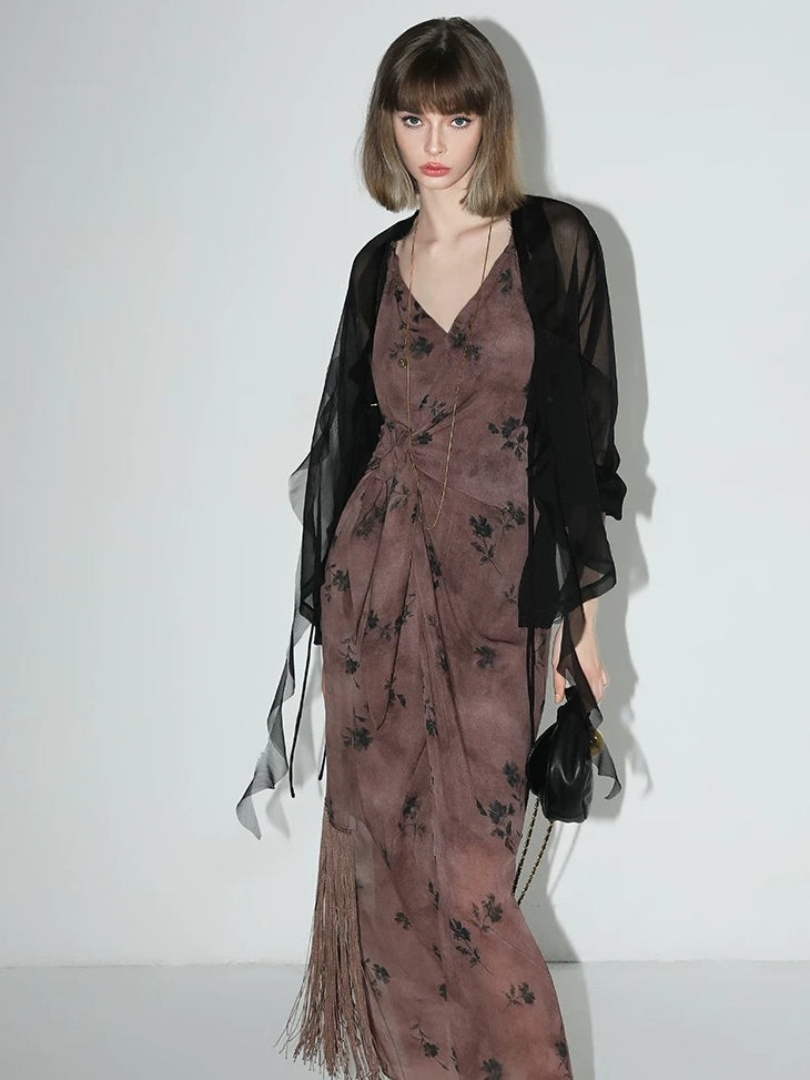 COCOBELLA Tassel Tie Waist Chinese Style V Neck Slim Fit Polyester Printed Slip Dresses