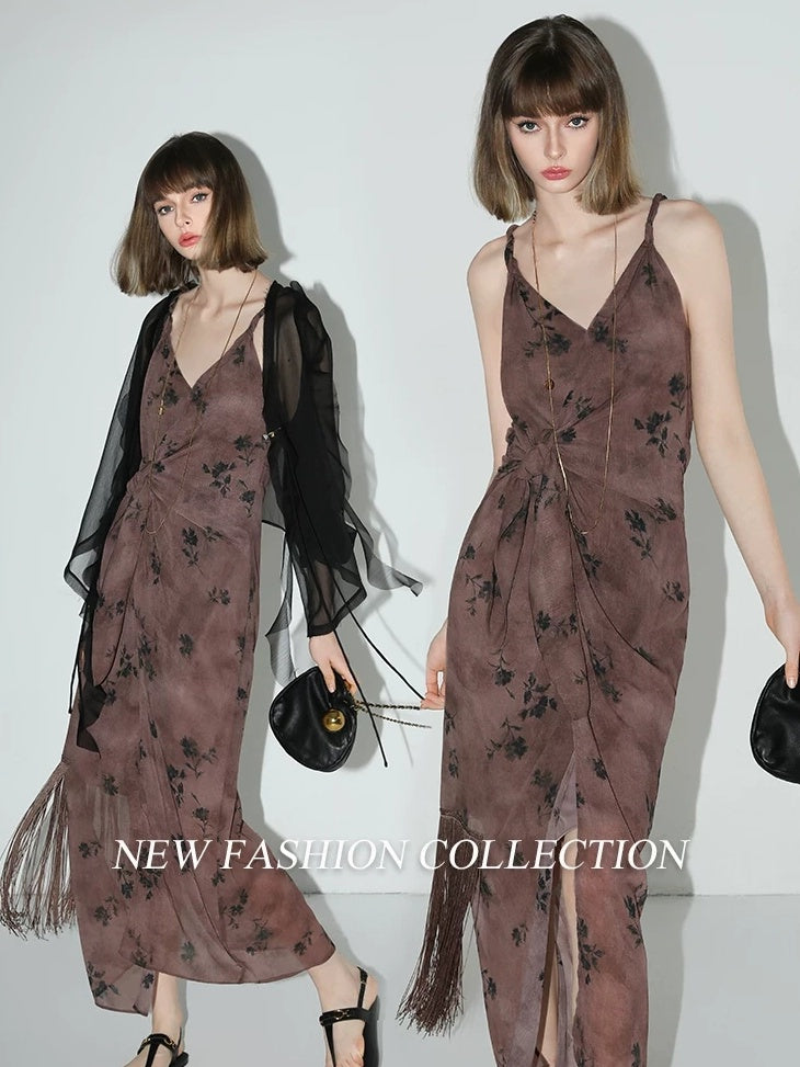 COCOBELLA Tassel Tie Waist Chinese Style V Neck Slim Fit Polyester Printed Slip Dresses