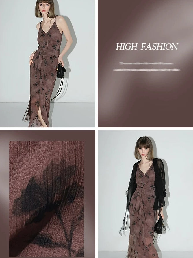 COCOBELLA Tassel Tie Waist Chinese Style V Neck Slim Fit Polyester Printed Slip Dresses