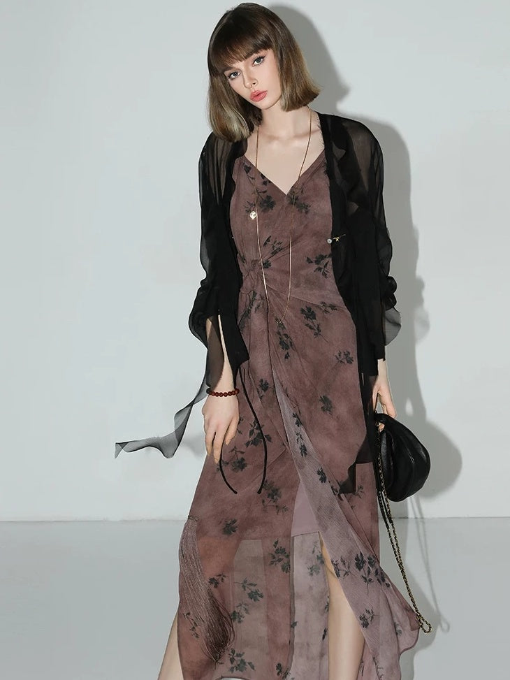 COCOBELLA Tassel Tie Waist Chinese Style V Neck Slim Fit Polyester Printed Slip Dresses