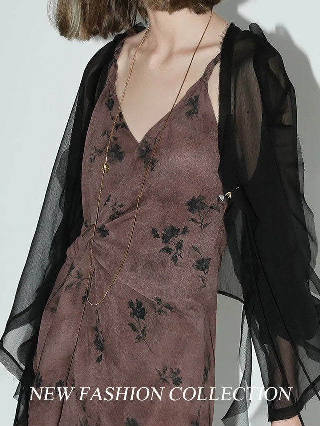 COCOBELLA Tassel Tie Waist Chinese Style V Neck Slim Fit Polyester Printed Slip Dresses