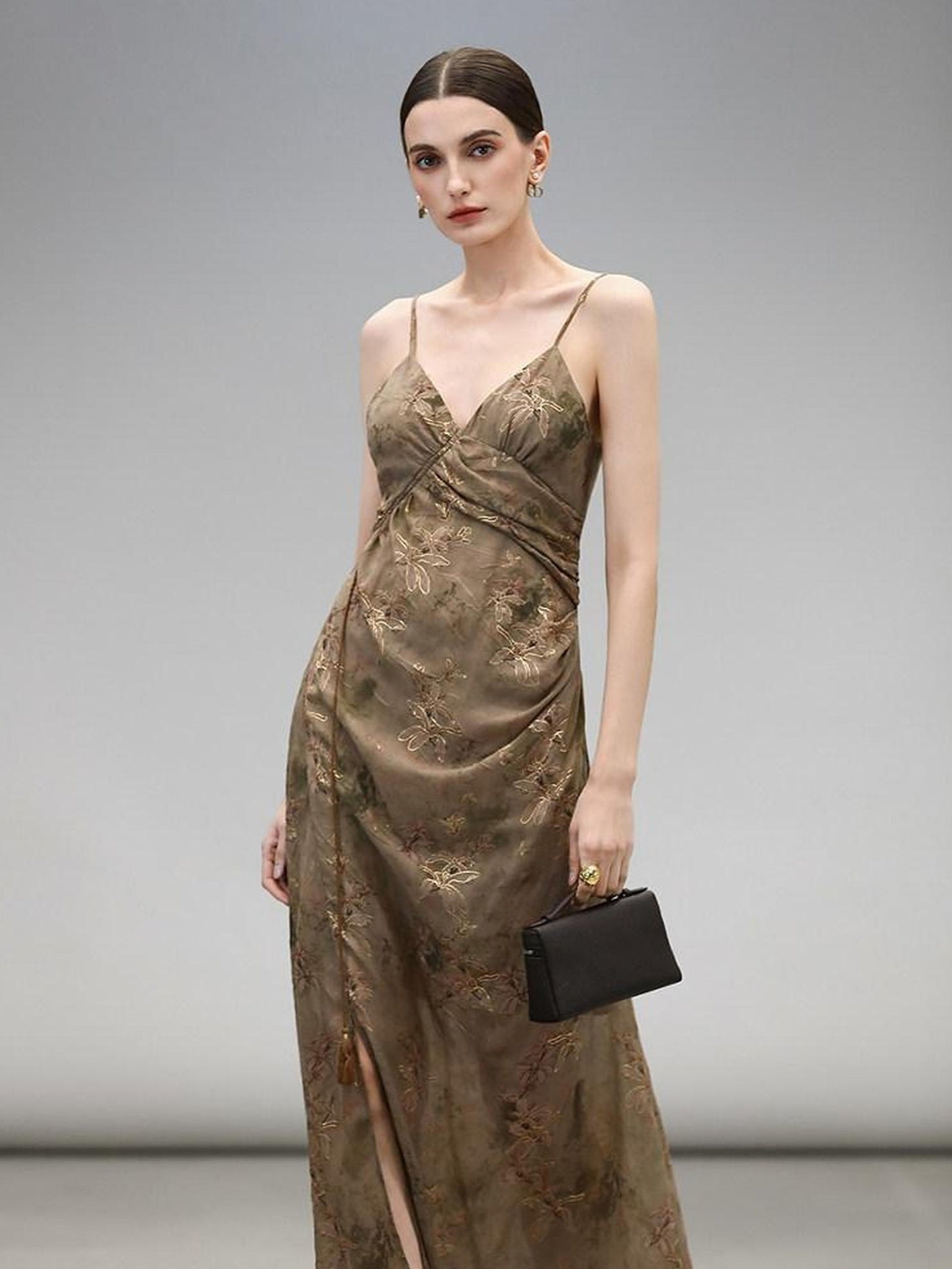 COCOBELLA Tea Gold Sequin Ruched Asymmetric V Neck Cinched Waist Workwear Slip Dresses