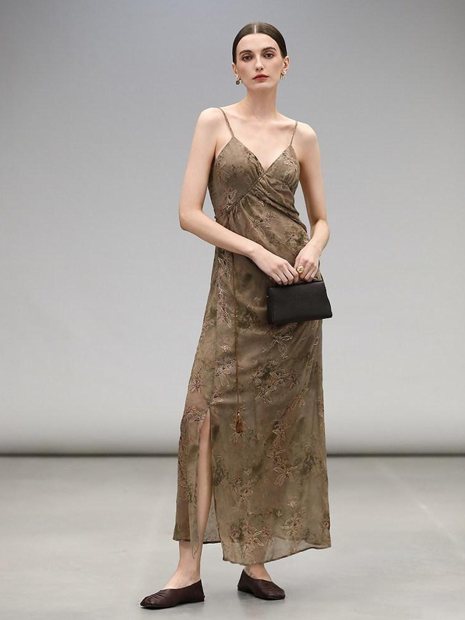 COCOBELLA Tea Gold Sequin Ruched Asymmetric V Neck Cinched Waist Workwear Slip Dresses