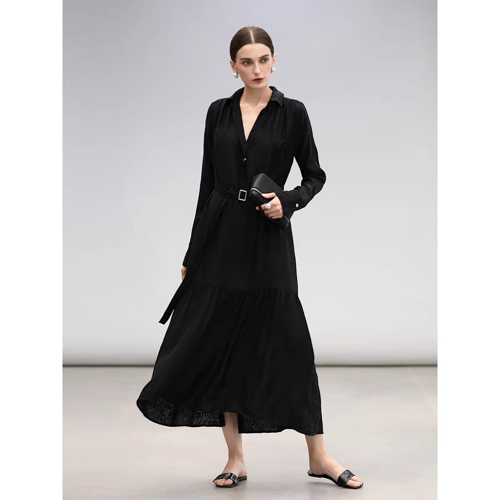 COCOBELLA_Tencel_Blend_Pleated_Belted_A_Line_Shirt_Dress_Women_Office_Long_Sleeve_Shirts_MISSTT