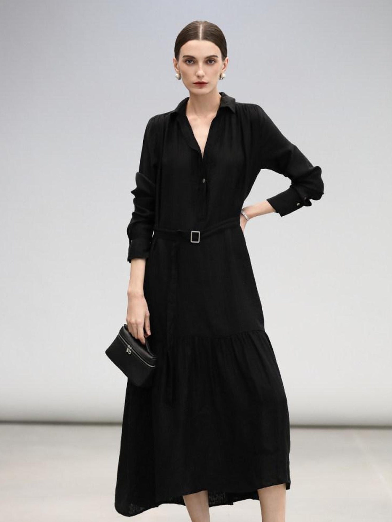 COCOBELLA Tencel Blend Pleated Belted A Line Shirt Dress Women Office Long Sleeve Shirts