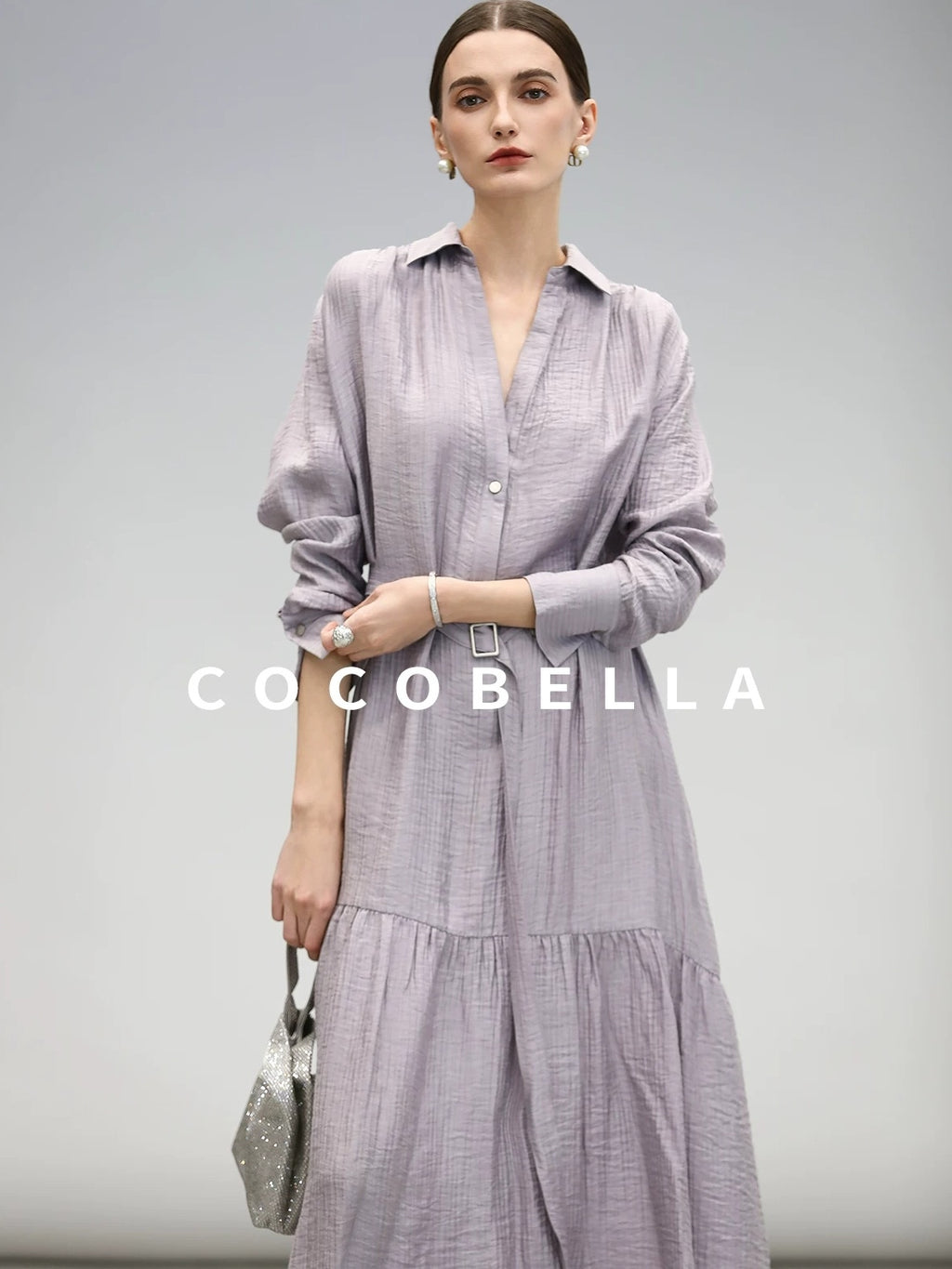 COCOBELLA Tencel Blend Pleated Belted A Line Shirt Dress Women Office Long Sleeve Shirts