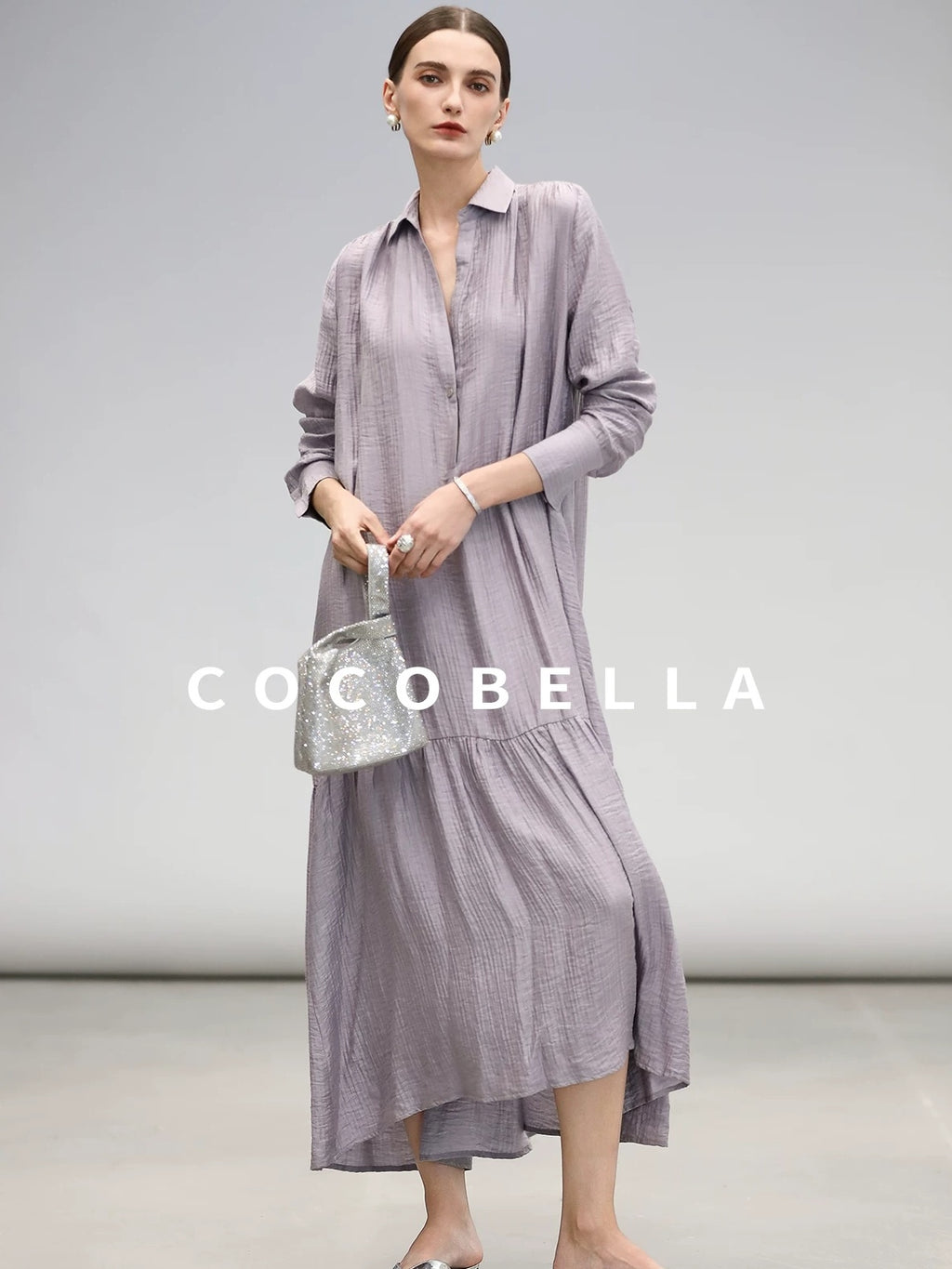 COCOBELLA Tencel Blend Pleated Belted A Line Shirt Dress Women Office Long Sleeve Shirts