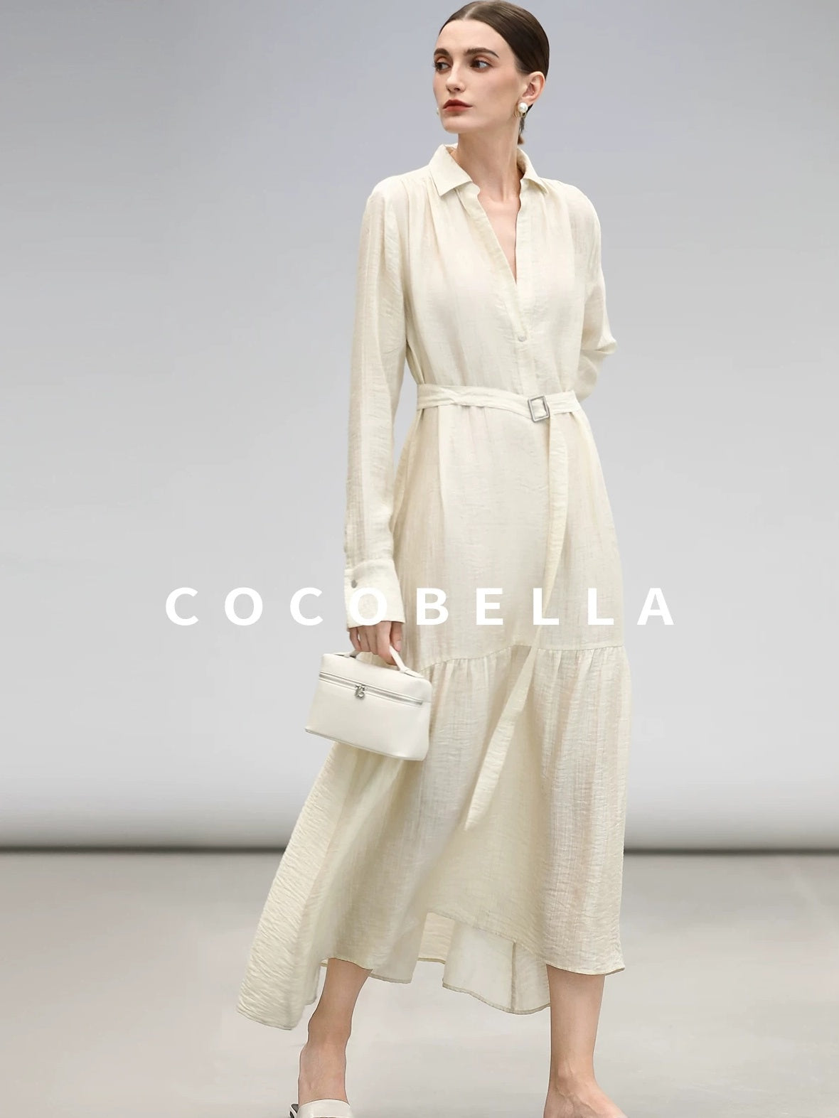 COCOBELLA Tencel Blend Pleated Belted A Line Shirt Dress Women Office Long Sleeve Shirts