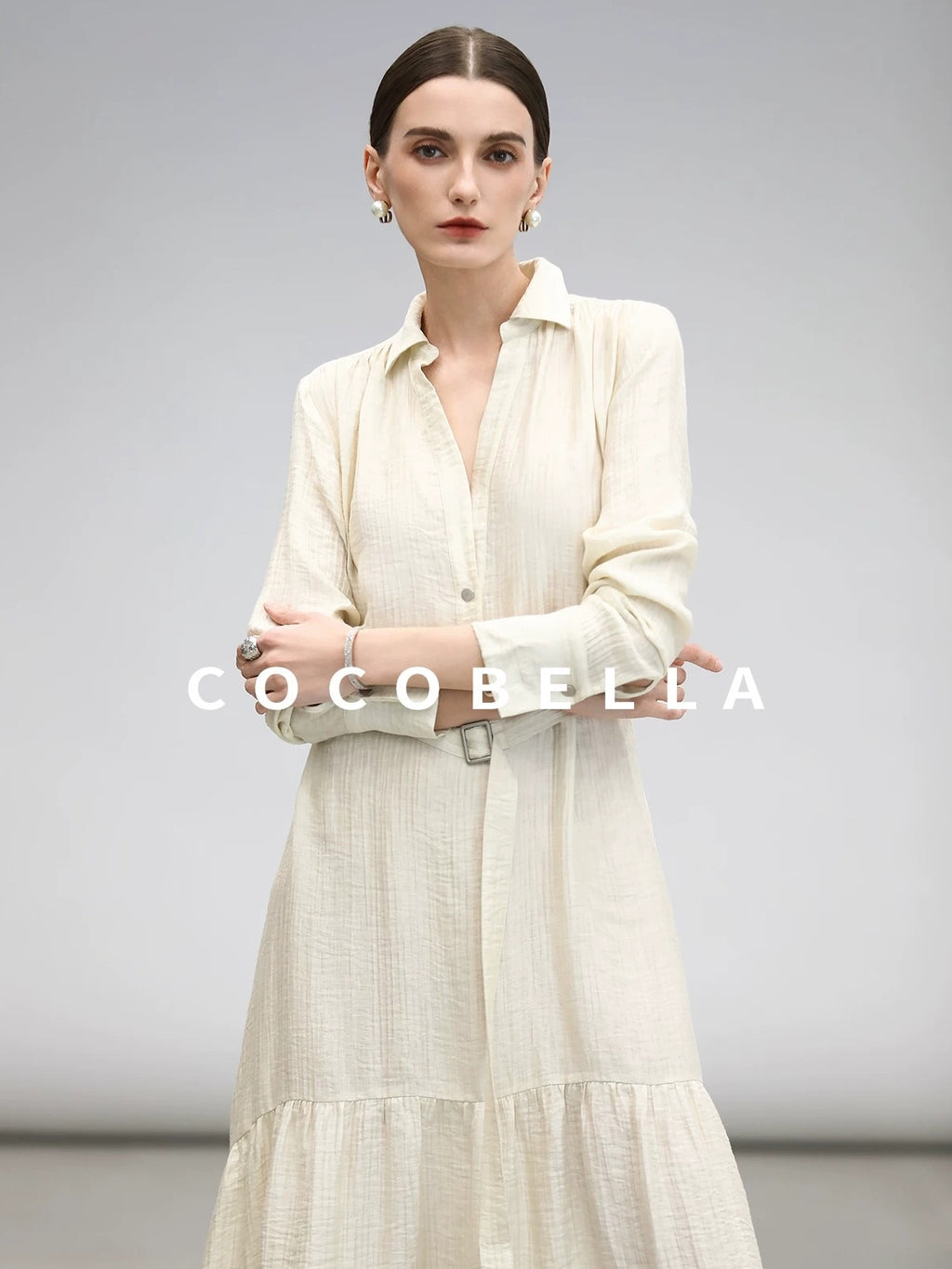 COCOBELLA Tencel Blend Pleated Belted A Line Shirt Dress Women Office Long Sleeve Shirts