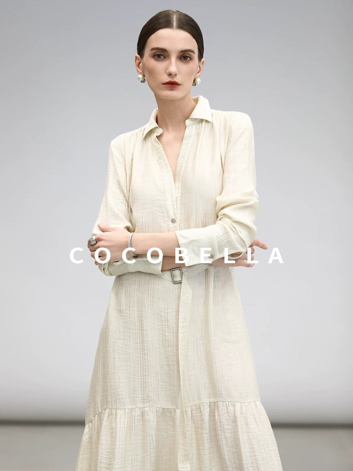 COCOBELLA Tencel Blend Pleated Belted A Line Shirt Dress Women Office Long Sleeve Shirts