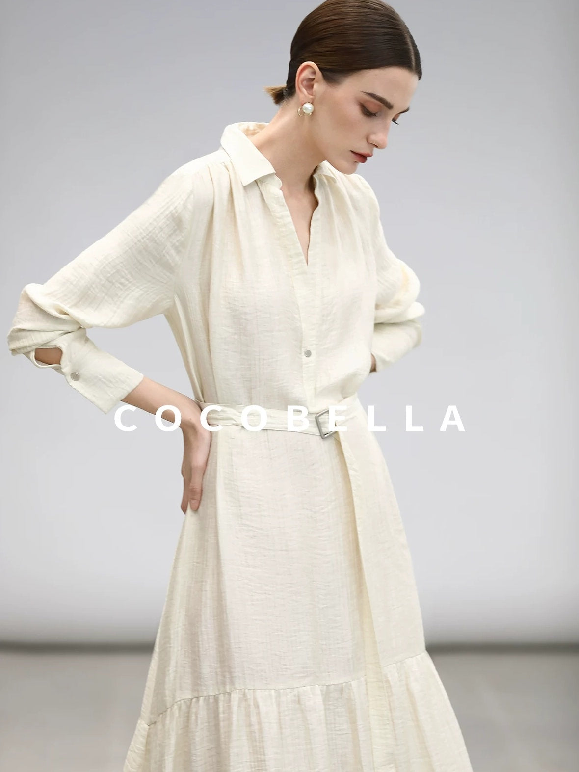 COCOBELLA Tencel Blend Pleated Belted A Line Shirt Dress Women Office Long Sleeve Shirts