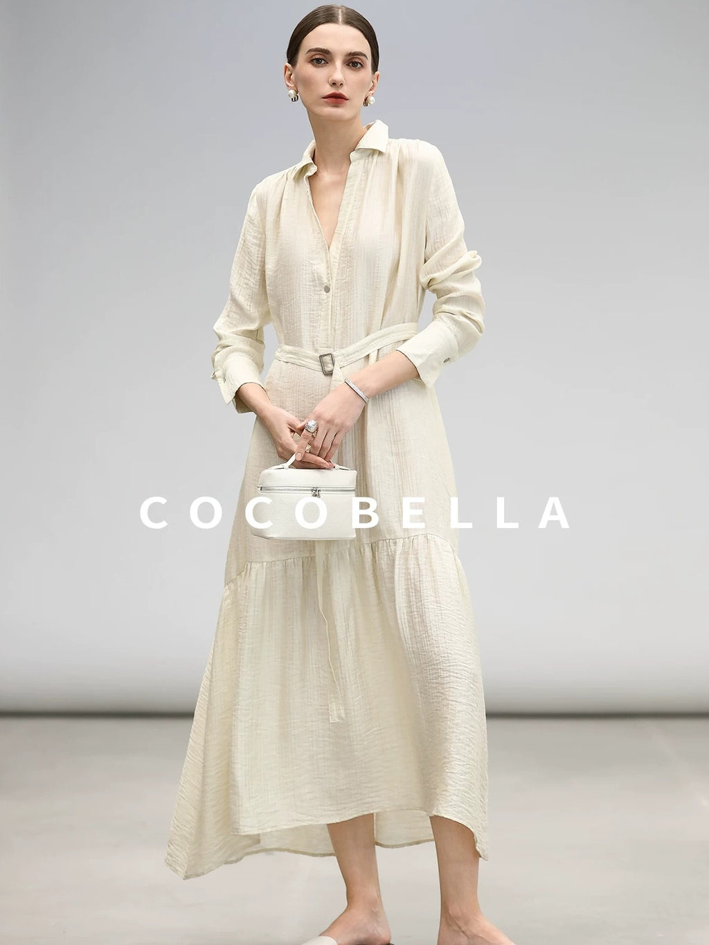 COCOBELLA Tencel Blend Pleated Belted A Line Shirt Dress Women Office Long Sleeve Shirts