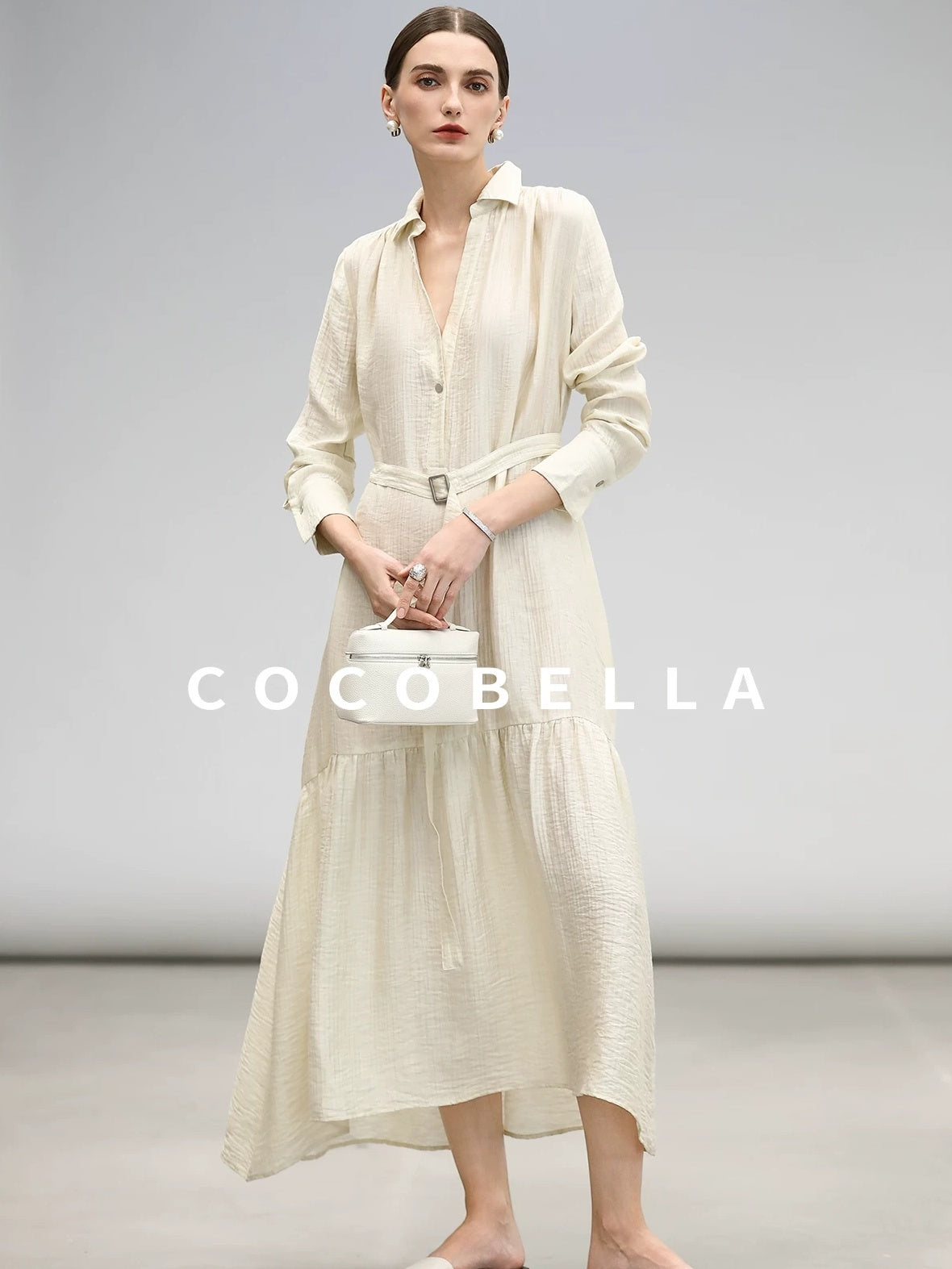 COCOBELLA Tencel Blend Pleated Belted A Line Shirt Dress Women Office Long Sleeve Shirts