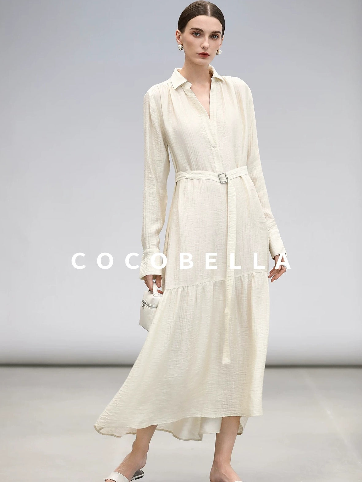 COCOBELLA Tencel Blend Pleated Belted A Line Shirt Dress Women Office Long Sleeve Shirts