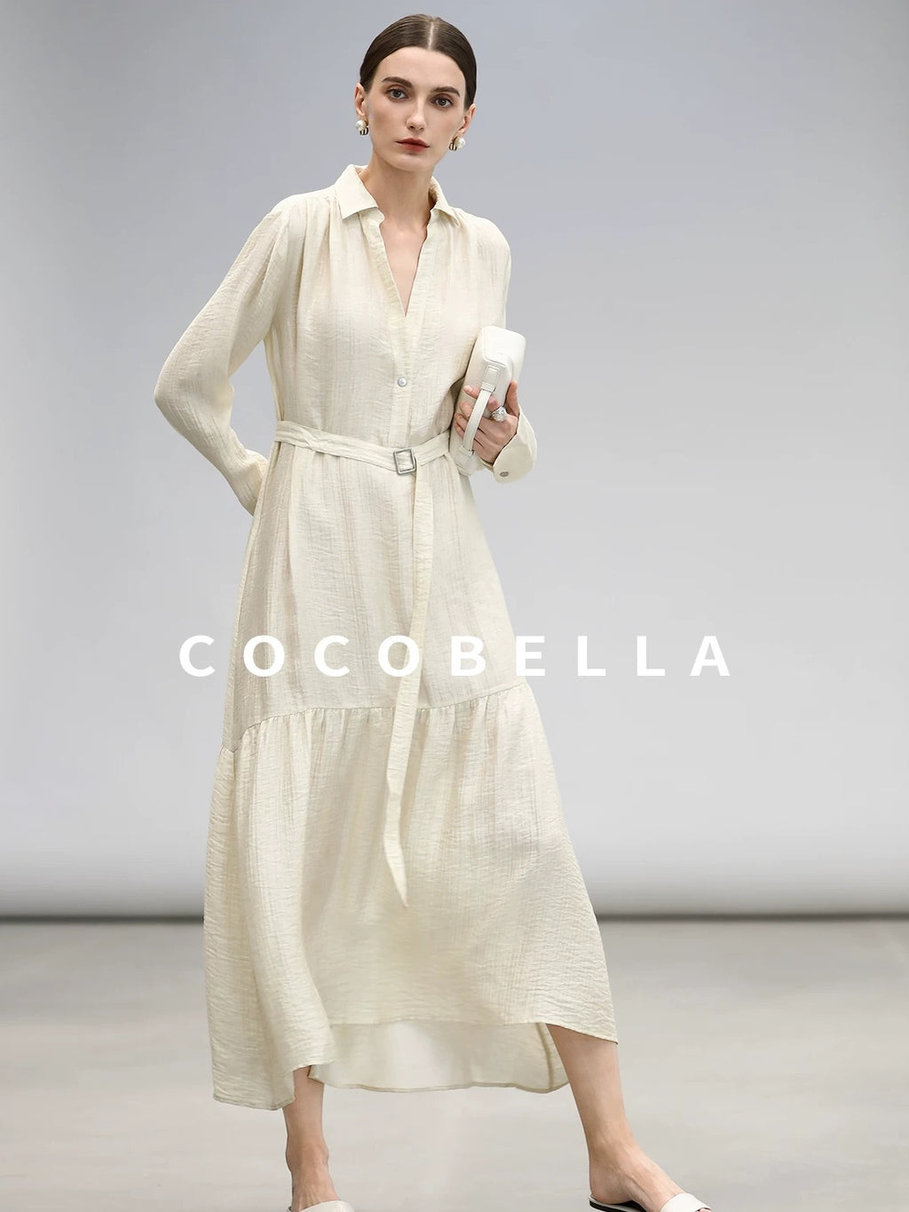 COCOBELLA Tencel Blend Pleated Belted A Line Shirt Dress Women Office Long Sleeve Shirts