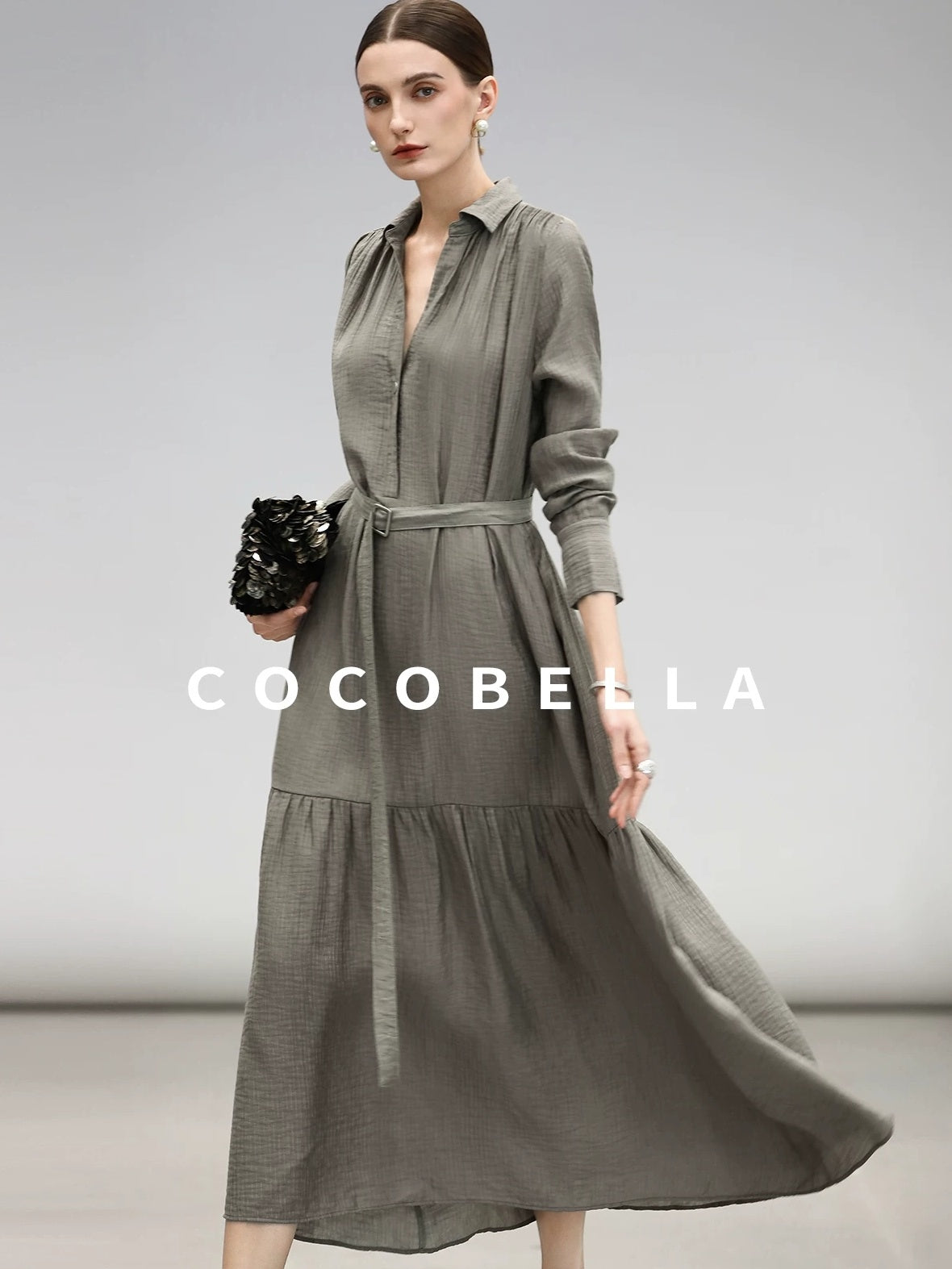 COCOBELLA Tencel Blend Pleated Belted A Line Shirt Dress Women Office Long Sleeve Shirts