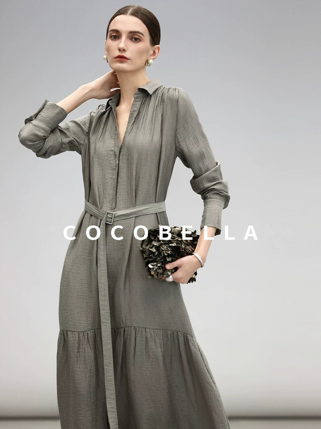 COCOBELLA Tencel Blend Pleated Belted A Line Shirt Dress Women Office Long Sleeve Shirts