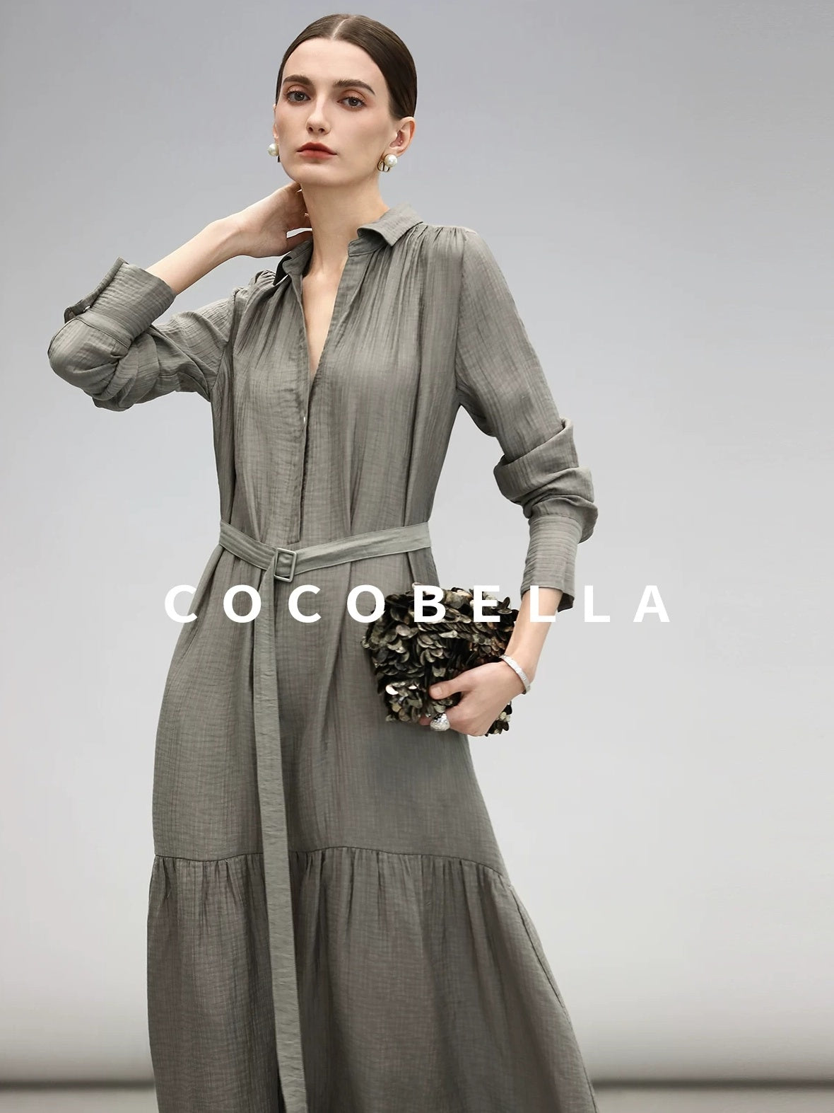COCOBELLA Tencel Blend Pleated Belted A Line Shirt Dress Women Office Long Sleeve Shirts