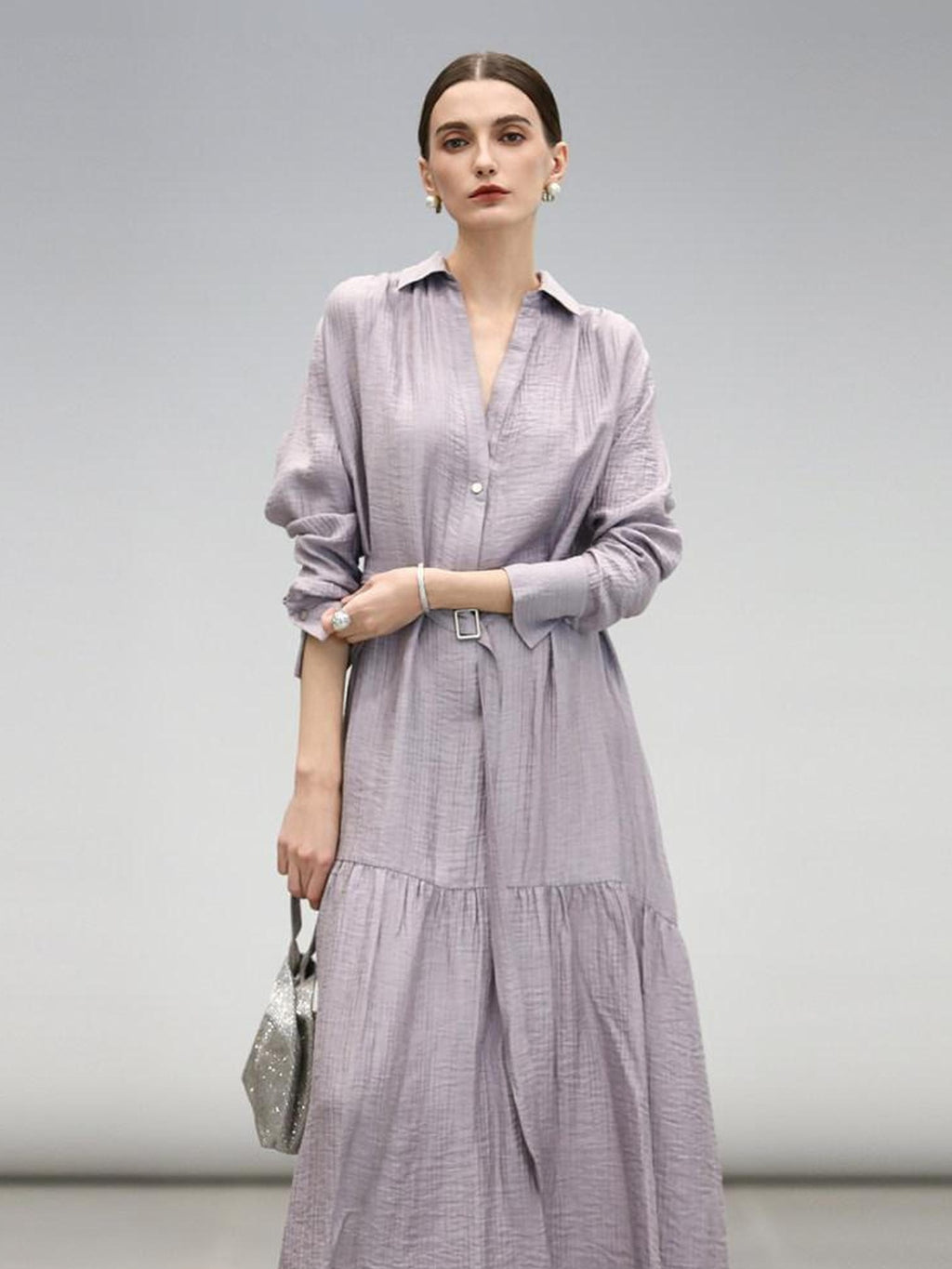 COCOBELLA Tencel Blend Pleated Belted A Line Shirt Dress Women Office Long Sleeve Shirts