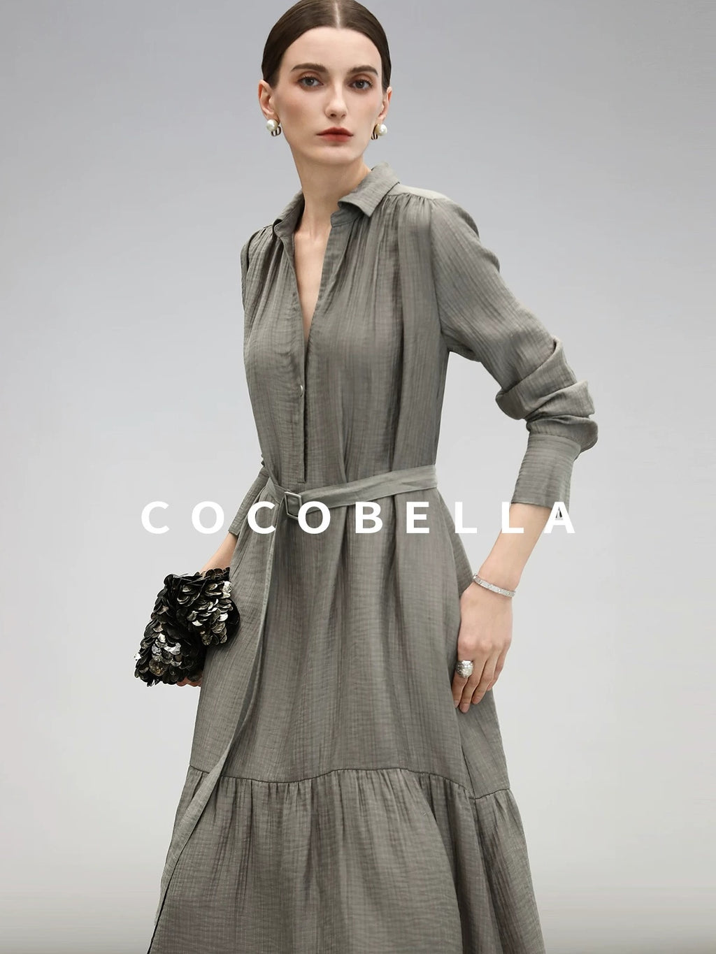 COCOBELLA Tencel Blend Pleated Belted A Line Shirt Dress Women Office Long Sleeve Shirts