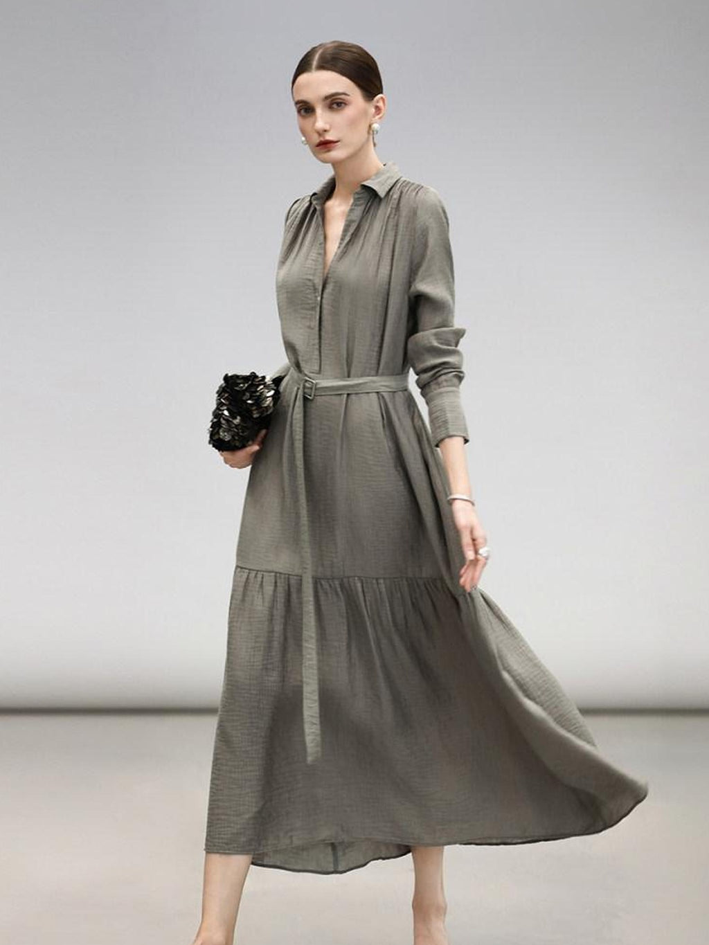 COCOBELLA Tencel Blend Pleated Belted A Line Shirt Dress Women Office Long Sleeve Shirts