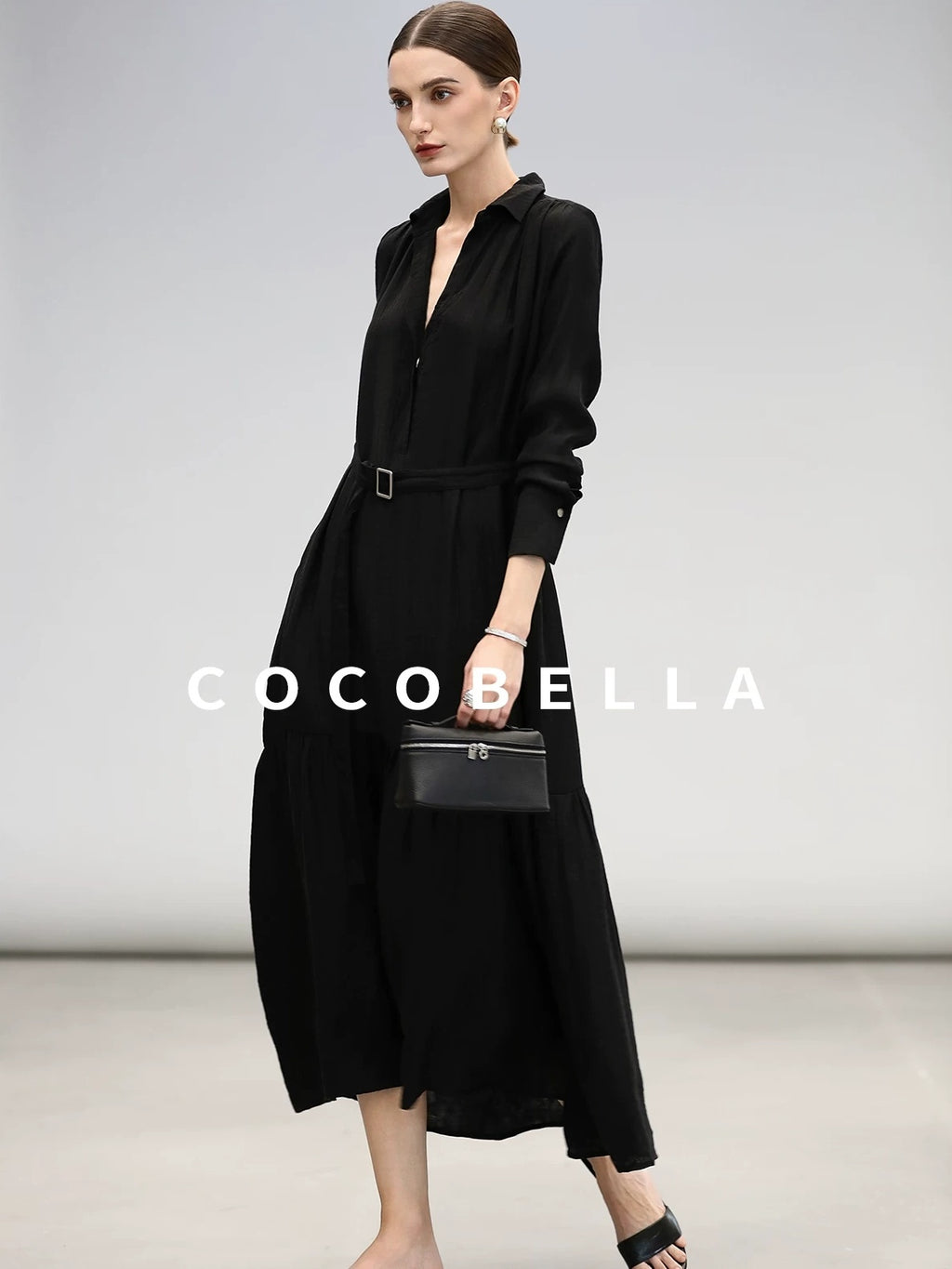 COCOBELLA Tencel Blend Pleated Belted A Line Shirt Dress Women Office Long Sleeve Shirts