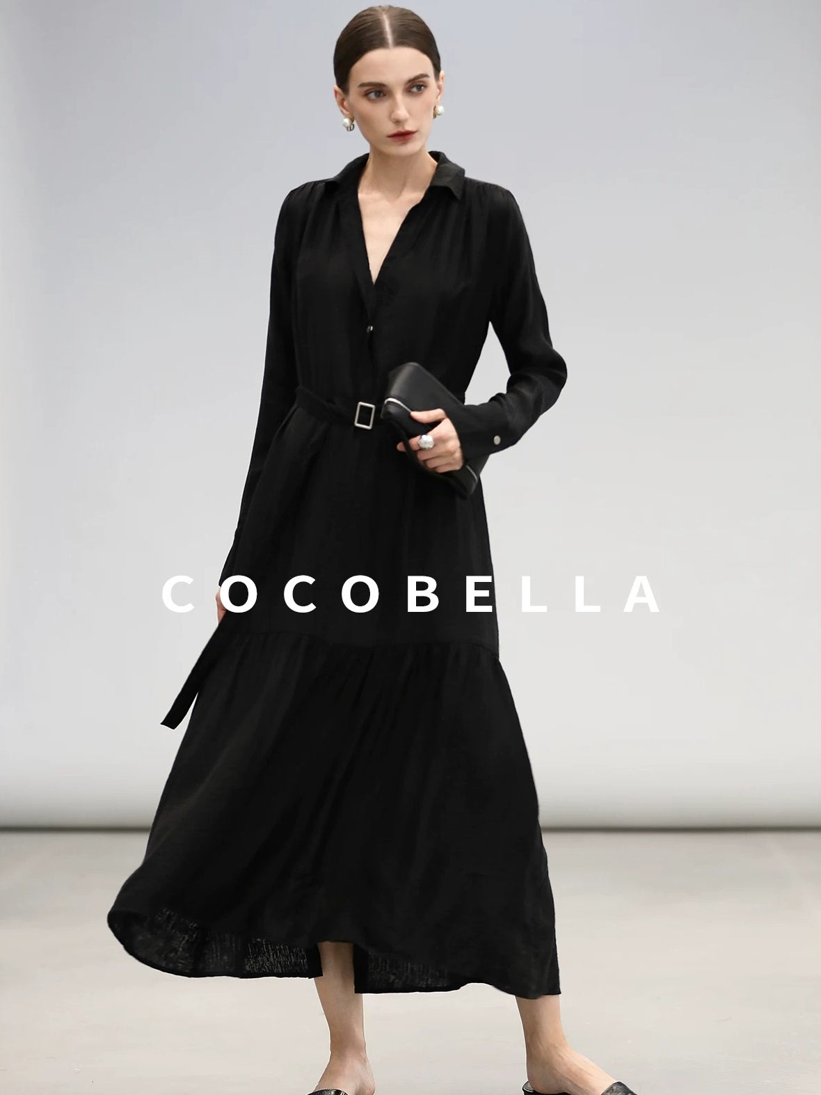 COCOBELLA Tencel Blend Pleated Belted A Line Shirt Dress Women Office Long Sleeve Shirts