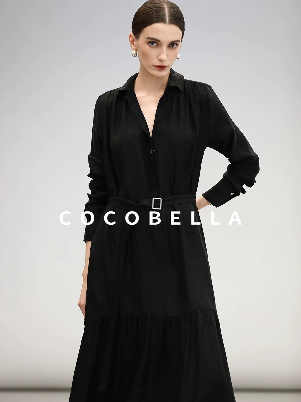 COCOBELLA Tencel Blend Pleated Belted A Line Shirt Dress Women Office Long Sleeve Shirts