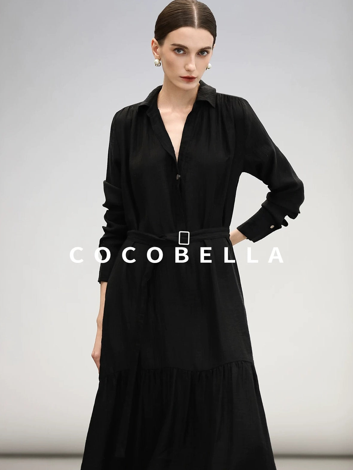 COCOBELLA Tencel Blend Pleated Belted A Line Shirt Dress Women Office Long Sleeve Shirts